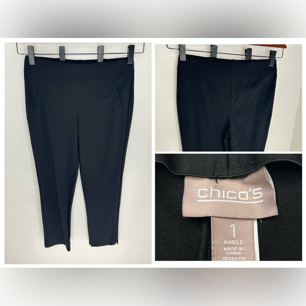 Chicos Black Ankle Pull On Pants Size 1 Medium US 8 Stretch Rayon Nylon‎ 31x25